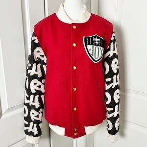 Joyrich Retro Y2K 90s Graffiti Wool Blend Varsity Letterman Red Bomber Jacket, M